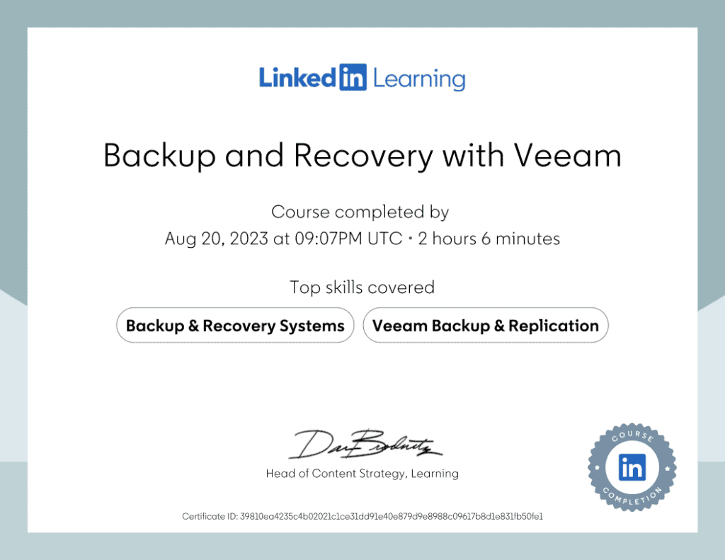 Certificateofcompletion Backup And Recovery With Veeam