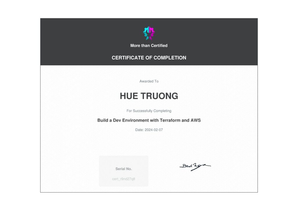 Certificate Of Completion For Build A Dev Environment With Terraform And Aws