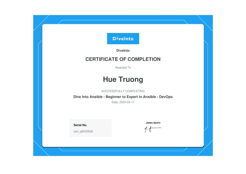 Certificate Of Completion For Dive Into Ansible Beginner To Expert In Ansible Devops