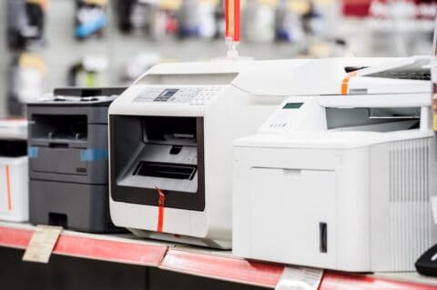 Four laser printers on display